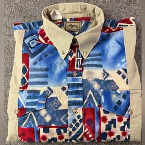 Roper Mens Vtg 100% Cotton L/S Aztec Trim Button Down Western Shirt Size L